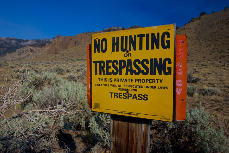 No hunting or trespassing sign posted by field