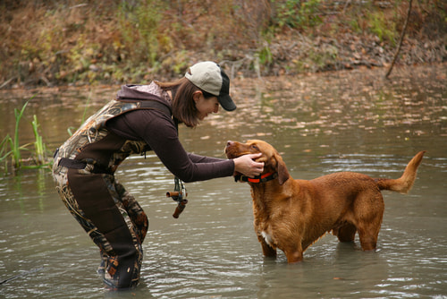Woman duck hunter petting Labrador retriever