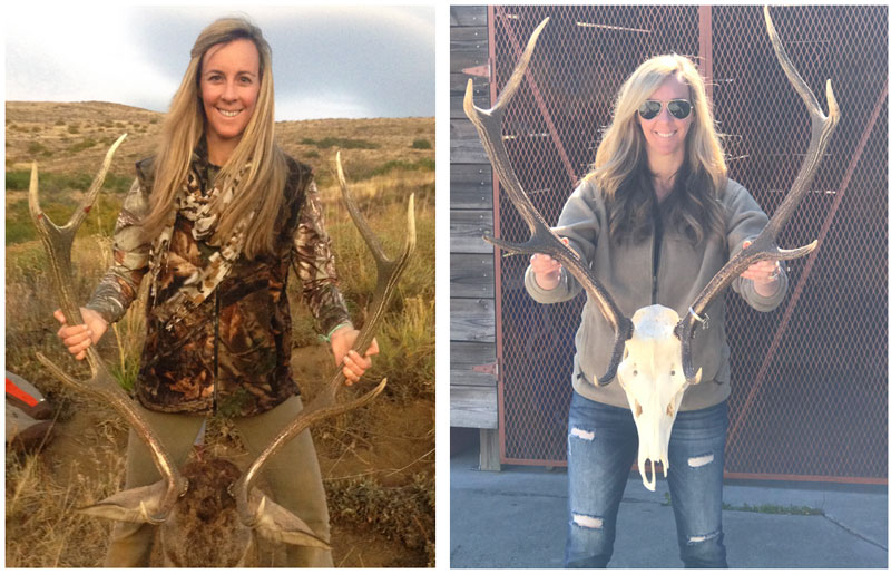 Woman hunter holding up Red Stag trophy antlers mount