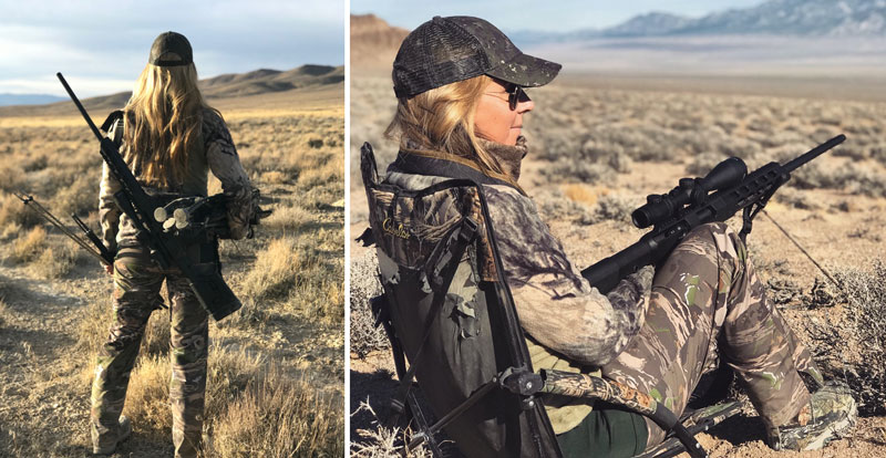 Woman in camo standing and sitting with rifle in field